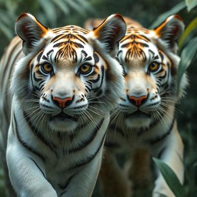 The primary subject of the image is a pair of tiger cubs walking through a forest. They are surrounded by a lush green environment, with trees and bushes visible in the background. The visual style of the image is a photo, capturing the natural beauty of the tiger cubs in their habitat. The colors and mood of the image are vibrant and serene, showcasing the majestic presence of the tiger cubs as they explore their surroundings.